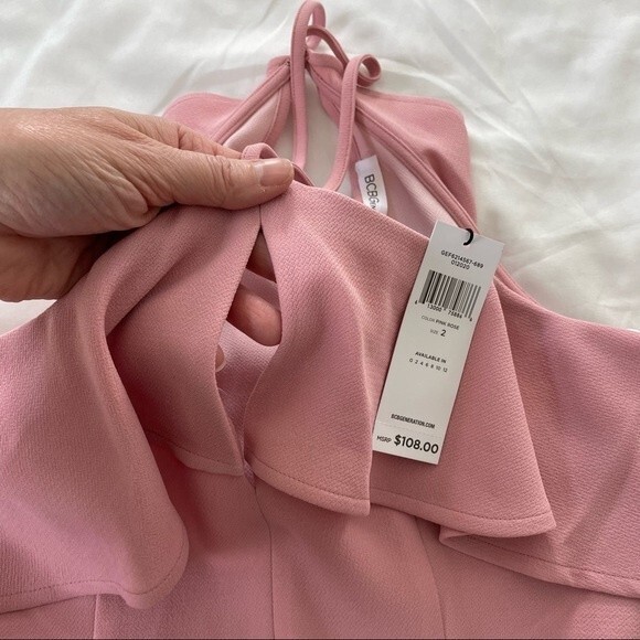 NWT BCBGeneration Asymmetrical Ruffle Halter Mini Dress Pink Rose Size 2 - Picture 4 of 9